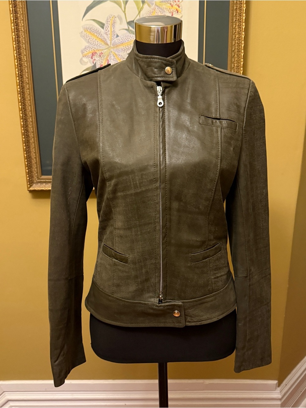 Women's Olive Green Leather Zip-Front Jacket
